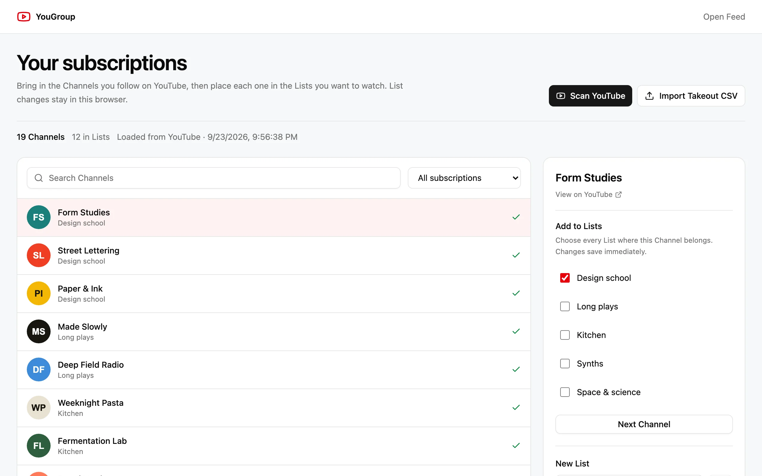 YouGroup's subscription organizer listing Channels with the Lists each belongs to, and a panel of List checkboxes for the selected Channel